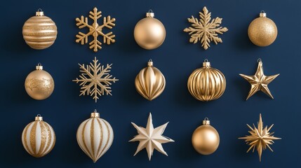 A collection of gold Christmas ornaments displayed against a deep blue background, featuring a decorative snowflake and stars. Perfect for festive, elegant holiday themes