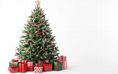 A classic Christmas tree with red garlands, candy canes, and traditional green-and-red-wrapped presents on a pure white background