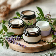eco jars with eco cosmetics against the background of lavender and other plants. Subject photo, with space for text on the jars.