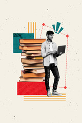 Composite collage trend artwork template design of internet device remote virtual read learn student book education young man type laptop