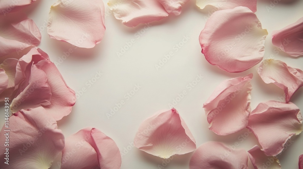 Poster Soft pink rose petals are arranged in a gentle circle, highlighting their delicate texture and color against a light background. This setup creates a serene and calming atmosphere.