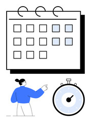Calendar with square dates human figure pointing and stopwatch. Ideal for time management productivity, organization, planning, deadlines, scheduling, efficiency. Blue tone highlights. Line