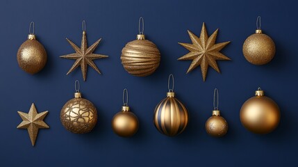 Fototapeta premium A collection of gold Christmas ornaments displayed against a deep blue background, featuring a decorative snowflake and stars. Perfect for festive, elegant holiday themes