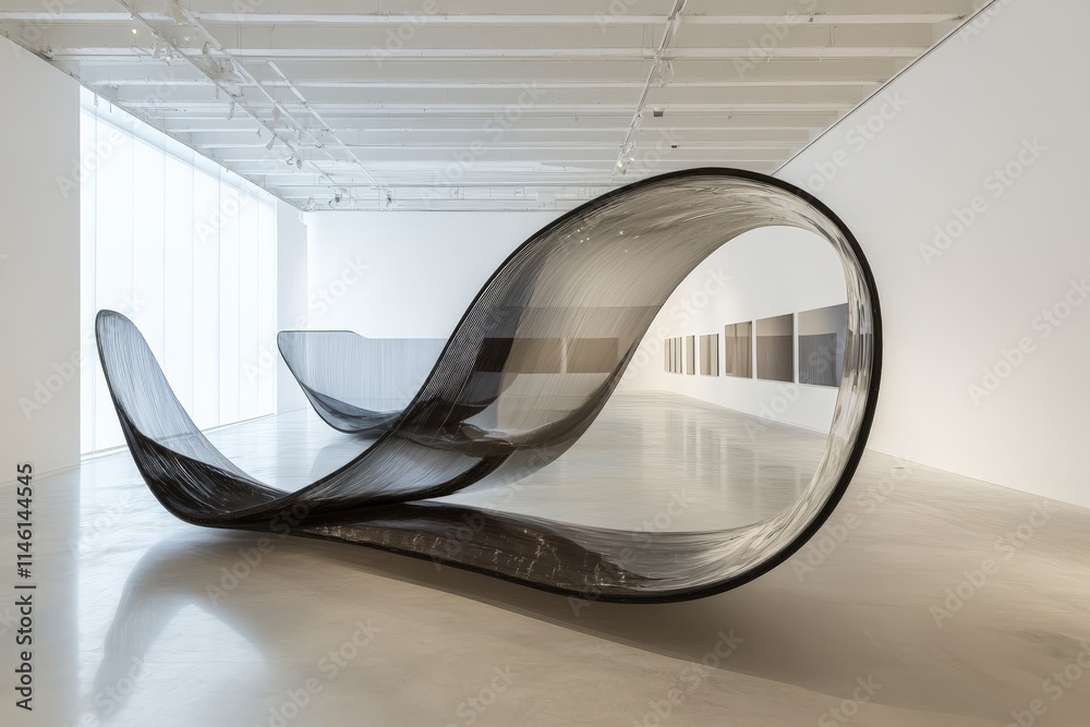 Aufkleber A black translucent sculpture with a looping design is elegantly displayed in a spacious gallery, offering a play of light and shadow for art enthusiasts.