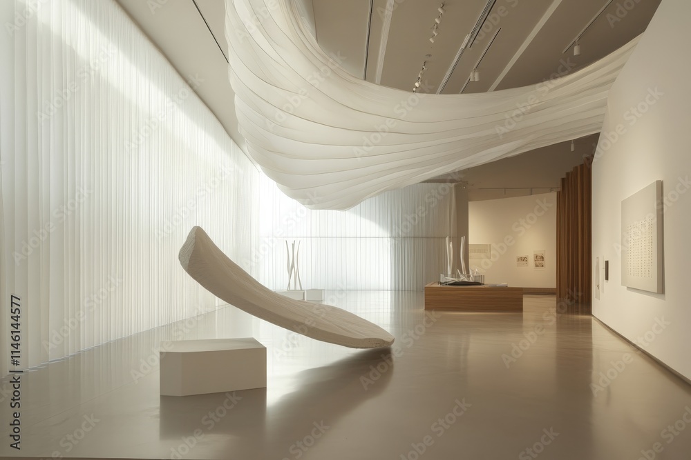 Poster A large fabric art installation is suspended from the ceiling in a bright gallery, creating an ethereal and immersive experience for visitors through its flowing form.