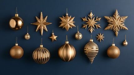 A collection of gold Christmas ornaments displayed against a deep blue background, featuring a decorative snowflake and stars. Perfect for festive, elegant holiday themes