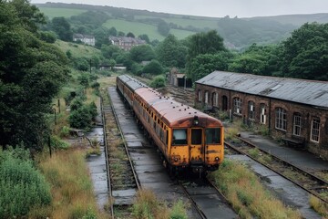 Obraz premium An aged train carriage sits idle on an unused track amid lush greenery, creating a striking juxtaposition that captures memories of past travel and exploration.
