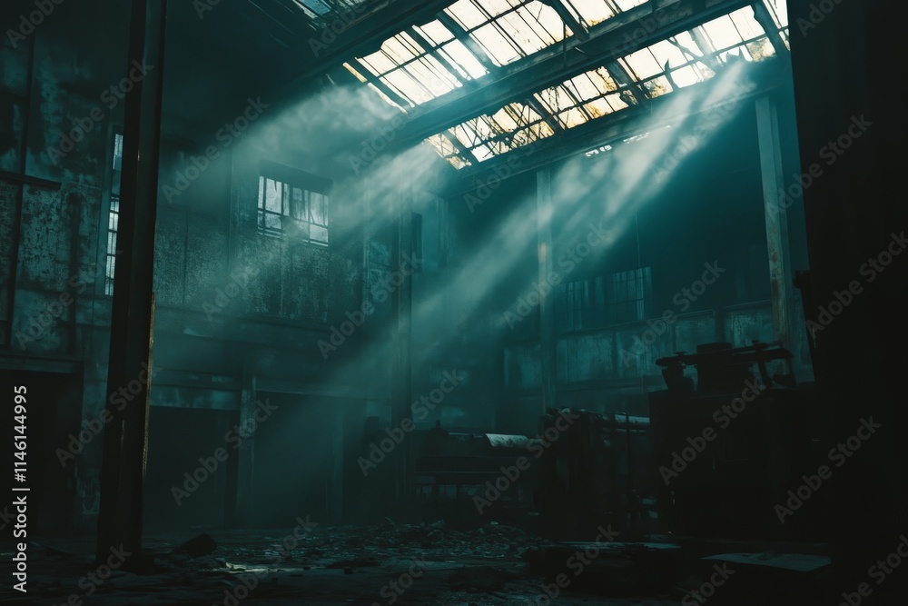 Aufkleber rays of sunlight penetrate the dusty interior of an antiquated factory, highlighting the rust and de