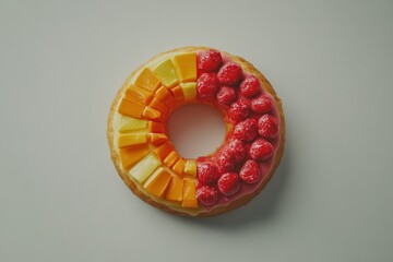 A doughnut with half covered in fresh raspberries and half in mosaic-patterned icing, elegantly combining fresh fruit with colorful artistic pastry design.