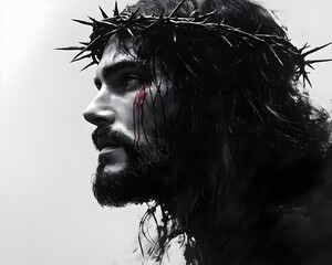 Fototapeta premium jesus christ in crown of thorns portrait in black and white illustration banner. holy savior portrait, jesus christ illustration