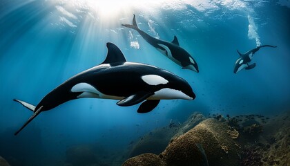 Fototapeta premium Majestic Orcas in Stunning Underwater Scene – Perfect Marine Wildlife Art