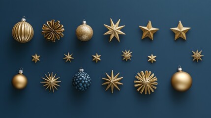 Fototapeta premium A collection of gold Christmas ornaments displayed against a deep blue background, featuring a decorative snowflake and stars. Perfect for festive, elegant holiday themes