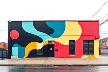 The image illustrates a minimalist abstract mural enhancing an urban streetscape, using smooth, flowing lines and bold colors that convey a sense of modern design.