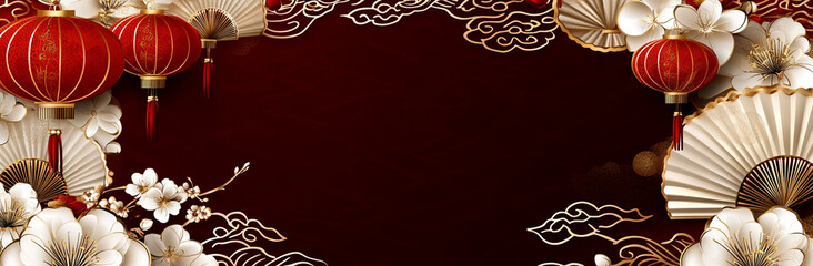 Chinese New Year background featuring red lanterns, gold fans, and floral decorations, creating festive atmosphere