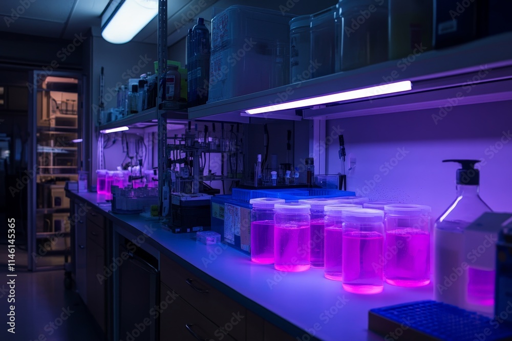 Aufkleber a research lab scene with containers of pink-hued liquid, suggesting a technologically advanced setu