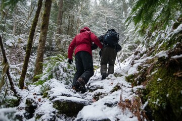 Two hikers ascend a snowy forest trail, embraced by towering trees, epitomizing human endeavor, the connection with nature, and the serene beauty of winter wilderness.