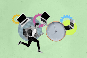 Composite trend artwork sketch photo collage of cogwheel laptop clock time management young guy run...