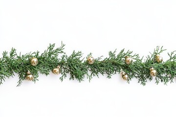 Fototapeta premium A festive garland made of evergreen branches adorned with shiny gold-hued ornaments, creating a classic and elegant holiday decoration. Perfect for Christmas interiors.