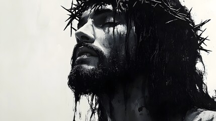 jesus christ in crown of thorns portrait in black and white illustration banner. holy savior portrait, jesus christ illustration