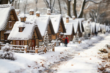 man woman picturesque charm of a snow-covered village, with its quaint thatched-roof houses and...