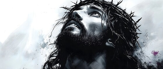 Fototapeta premium jesus christ in crown of thorns portrait in black and white illustration banner. holy savior portrait, jesus christ illustration