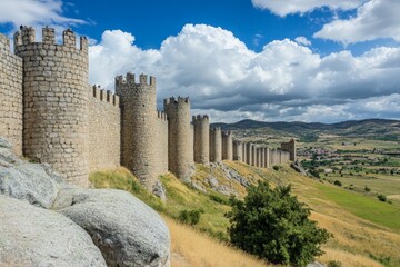 Robust ancient stone walls stretch along a sunlit landscape, under a vibrant cloudy blue sky, capturing the enduring strength and beauty of historic architecture.
