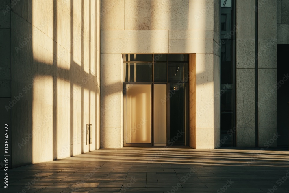 Poster an entrance area defined by strong geometric patterns of light and shadow created by window designs,