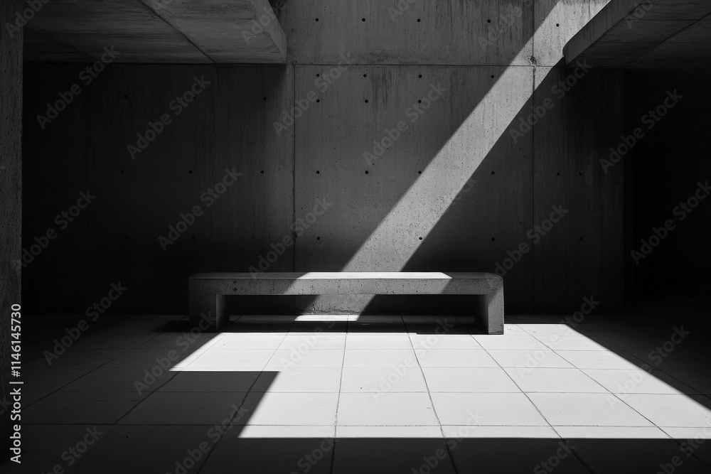 Fototapete a single concrete bench sits in a minimalist room with dramatic shadows, highlighting the interplay 
