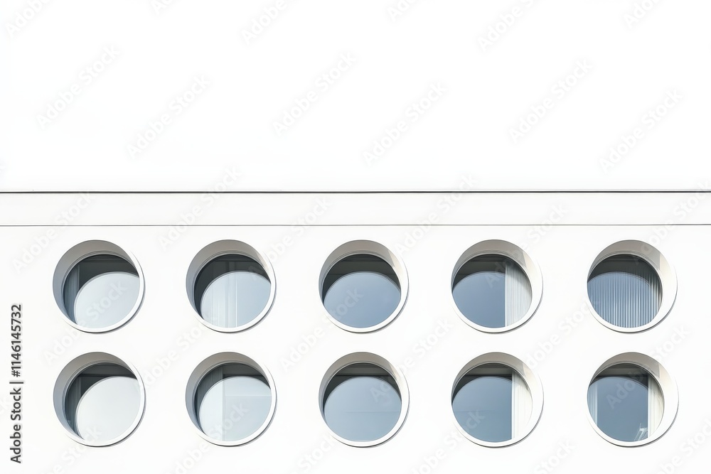 Leinwandbilder A modern building facade showcasing rows of round windows against a stark white backdrop, creating an artistic play of geometry and negative space in a contemporary setting.