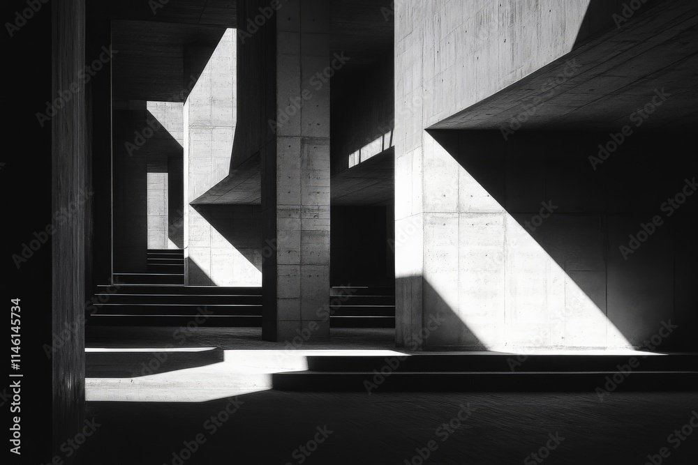 Poster a mesmerizing play of light and shadow over concrete pillars and staircases, creating an abstract an