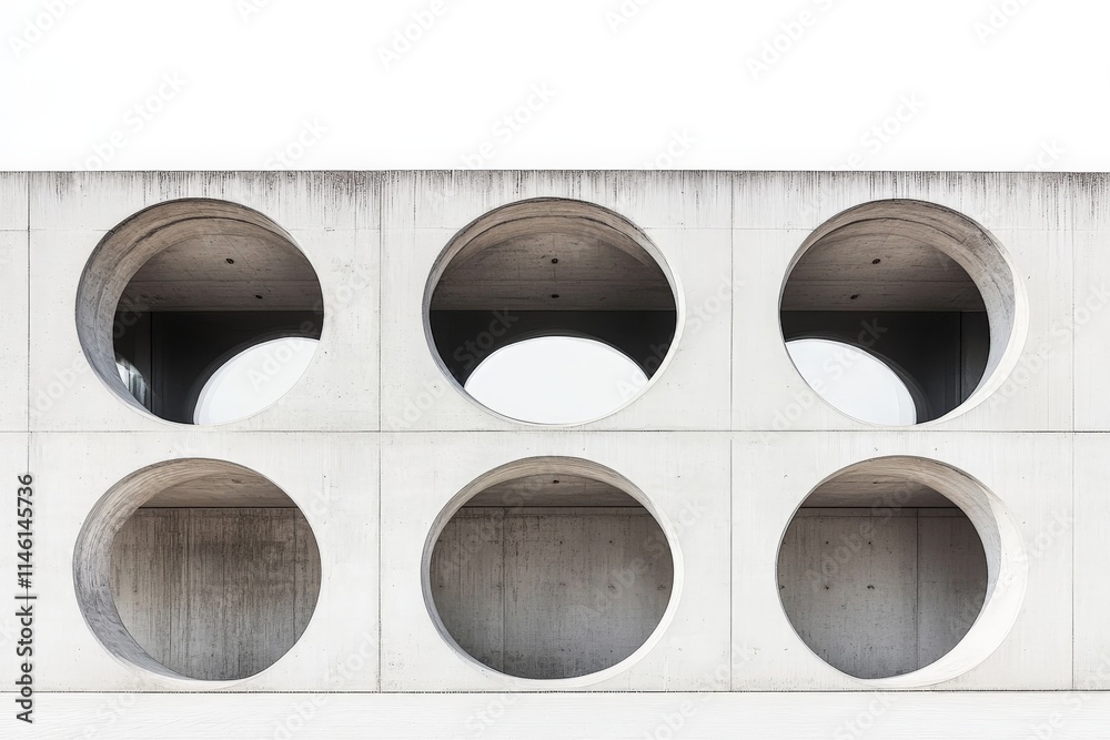 Aufkleber An exterior wall with several round concrete openings, offering a striking architectural element that blends modern design with the raw aesthetic of unfinished concrete.