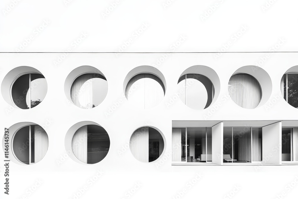 Aufkleber The facade of a building with rows of round windows casting intricate shadows reveals the depth of modern architectural design and the impact of natural light on geometry.