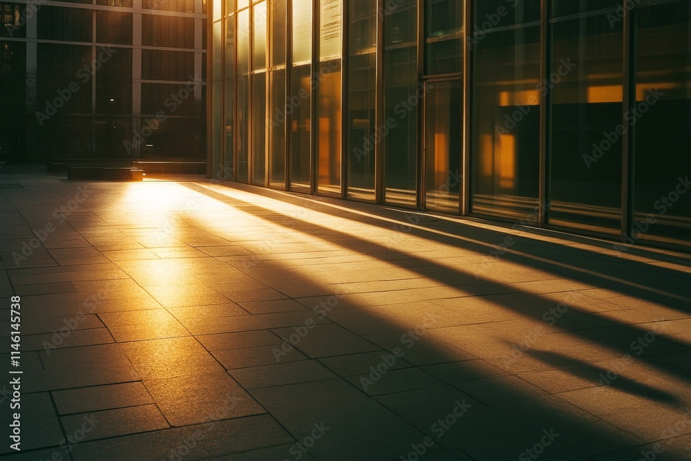 Aufkleber an urban landscape during evening time, where golden light casts compelling shadows on the ground, c