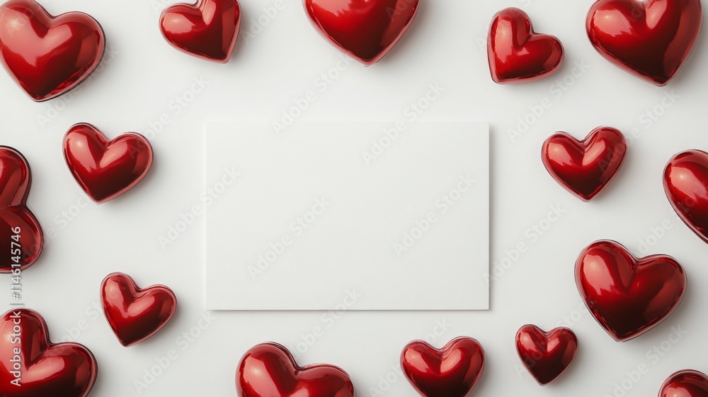 Aufkleber red heart-shaped decorations are arranged around a blank white card on a clean white background. the