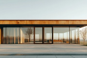 Fototapeta premium A modern glass house showcasing vast, clear windows that provide an expansive view of nature, blending seamlessly with the environment, exuding tranquility and openness.