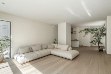 Spacious minimalist living room featuring a large white sectional sofa, ample natural light, wooden flooring, and elegantly placed potted plants for a peaceful retreat.