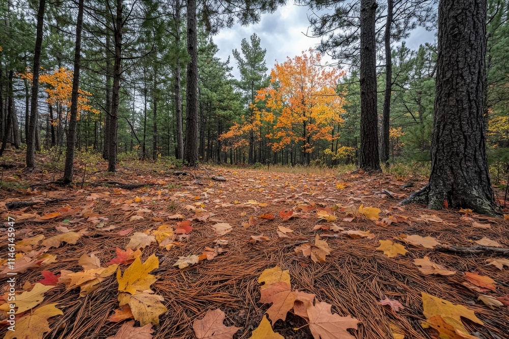 Poster this image showcases a forest path laden with autumn leaves and pine needles, bordered by trees, pro