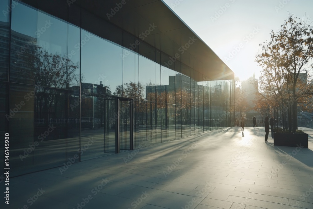 Poster a sleek modern glass building reflects the soft morning sunlight, creating a beautiful interplay of 