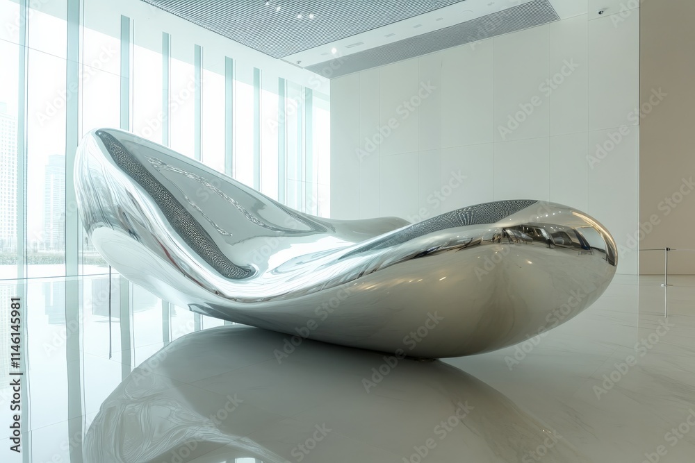 Poster a polished chrome sculpture rests elegantly within an expansive, airy gallery space, highlighting th