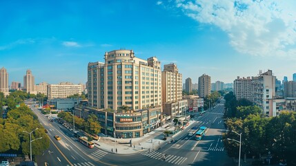 Obraz premium Large panorama, detailed image, traditional Chinese oil painting, promotional poster, obvious oil brushstrokes, blurred outlines, white space art, light style, bird's eye view of the city center.