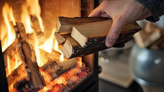 the fireplace is burning in the house. Selective focus