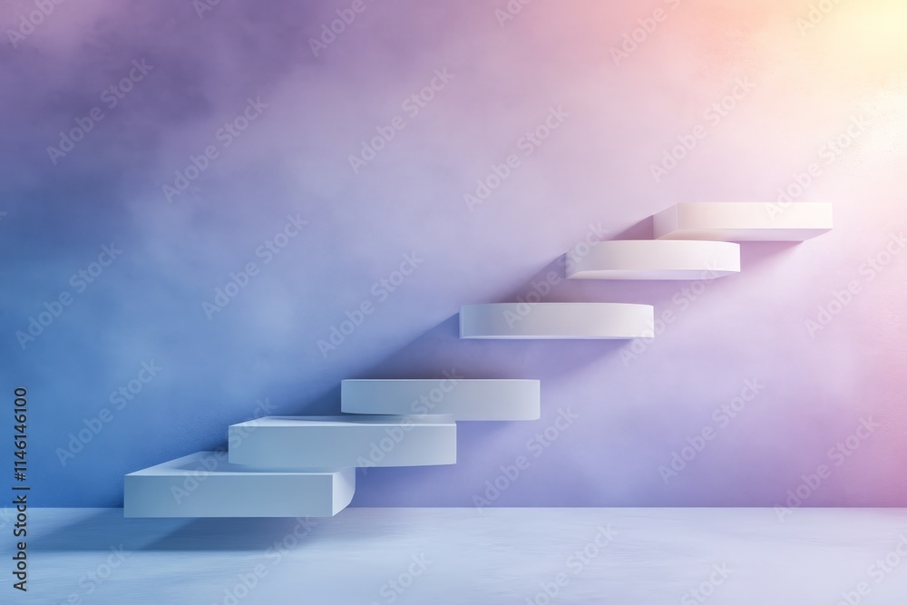 Poster a minimalist staircase floats against a gradient background blending soft pastel colors, showcasing 