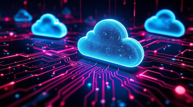 Cloud Computing Network: Digital Clouds and Circuit Board. Abstract digital illustration of glowing blue cloud icons on a complex circuit board.