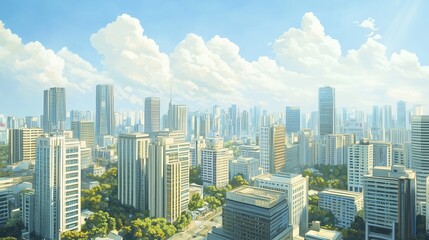 Obraz premium Large panorama, detailed image, traditional Chinese oil painting, promotional poster, obvious oil brushstrokes, blurred outlines, white space art, light style, bird's eye view of the city center.