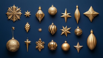 A collection of gold Christmas ornaments displayed against a deep blue background, featuring a decorative snowflake and stars. Perfect for festive, elegant holiday themes