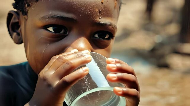 African child drinks water. Selective focus