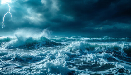 Fototapeta premium Stormy ocean waves with lightning in the sky