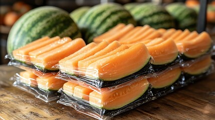 Hyper-detailed 8K cantaloupe wedges with precise cuts and vibrant orange flesh on a light wooden table