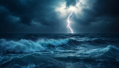 Stormy ocean waves with lightning in the sky