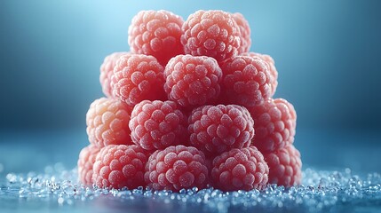 Hyper-detailed 8K fresh raspberries piled neatly on a deep blue background